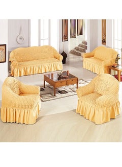 Buy 7 Seater (3+2+1+1) Super Stretchable Anti-Wrinkle Slip Resistant Sofa Cover Set Beige Yellow in UAE