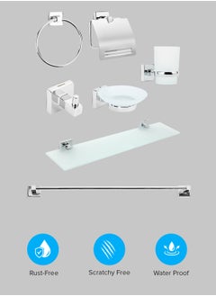 Buy Geepas Bath Accessories Set, 7 Piece Set includes Towel Bar, Glass Shelf, Robe Hook, Tumbler Holder, Soap Holder, Toilet Paper Holder and Towel Ring, High-Grade Stainless Steel GSW61704 in UAE