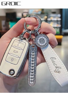 Buy Crystal Car Key Fob Cover Chains for Volkswagen Models, Bling Car Smart Key Fob Keyless Entry Remote for Ladies Women With Contact Information and Hand Rope in UAE