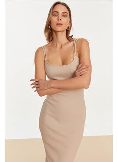 Buy Camel Pool Collar Double String Strap Body Fitted Ribbed Flexible Midi Knitted Pencil Dress TWOSS22EL2452 in Egypt