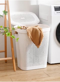 Buy Harmony 60L Stylish White Laundry Basket With Lid | Durable Lightweight And Break-Resistant Laundry Hamper | Large Multi-Purpose Bin With Slit Design For Easy Storage in Saudi Arabia