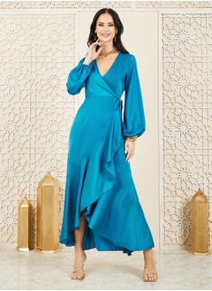 Buy Satin Frill Hem Wrap Maxi Dress with Tie-Up in Saudi Arabia