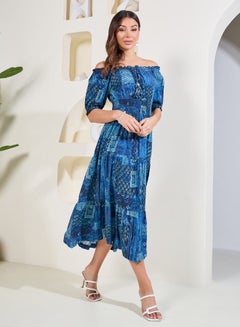 Buy Scarf Print Smocked Detail Tiered Midi Dress in Saudi Arabia