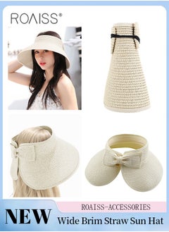 Buy Women's Wide Brim Straw Hat with Bow Decor UV Protection Breathable Foldable Open Top Sun Visor Hat for Beach Vacation Packable Hat Floppy Cap Deep Style Adjustable Size in UAE