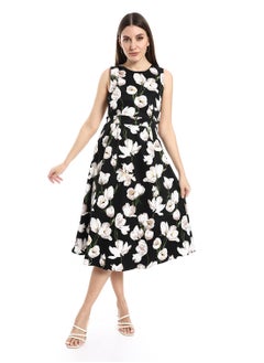 Buy Floral Print Sleeveless Midi Dress With Elastic Waist Cut in Egypt