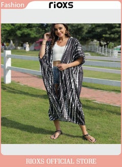 Buy Women's Casual Printed Beach Cover Ups Short Sleeve Kimono Cardigan Loose Beach Swimsuit Dress in Saudi Arabia
