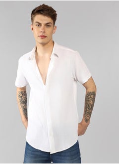 Buy Regular Fit White Popcorn Shirt Spread Collar in UAE