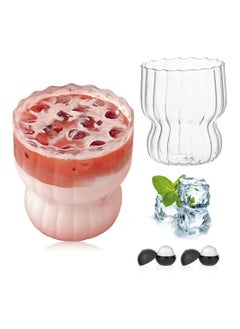 Buy Ribbed Glass Cups,2 Pcs 270ML Origami Style Glass Cups with 2 Iced Ball Molds,Vertical Stripes Bubble Glasses Drinking,Ribbed Glassware,Bubble Cups,Ripple Glassware,Ribbed Drinking Glasses in UAE