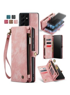 Buy Protective Phone Cover Case Wallet Case For Samsung Galaxy S21 Ultra, 2 in 1 Detachable Premium Leather Magnetic Zipper Pouch Wristlet Flip Phone Case (Pink) in UAE