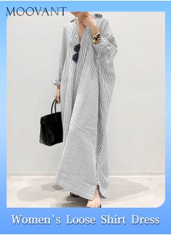 Buy Women's Casual Long Sleeve Button Down Loose Striped Cotton Maxi  Cotton and Linen Shirt Dress Long Blouse Oversize Dresses in Saudi Arabia