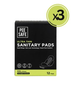 اشتري PeeSafe Ultra-Thin Sanitary Pads with Wings, Super Absorbent & Leak-Proof, Unscented, Rash and Toxin Free, Overnight Protection, Extra Long XXL – 12 pads - Pack Of 3 في السعودية
