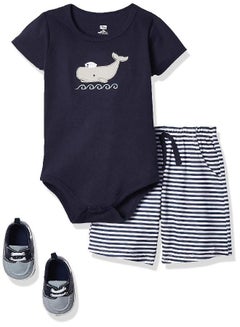 Buy Hudson Baby Unisex Baby Cotton Bodysuit, Shorts and Shoe Set, Sailor Whale, 6-9 Months in UAE