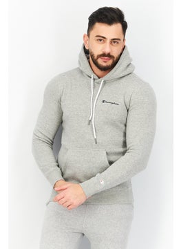 Buy Men Hooded Neck Brand Logo Long Sleeves Sweatshirt, Light Grey in UAE