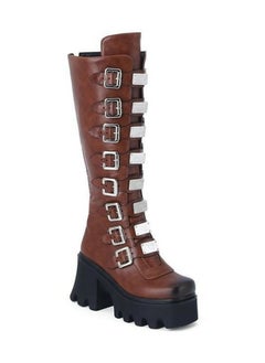 Buy Women's Punk Thick Soled Buckle Knee High Boots Round toe Platform Booties Brown in Saudi Arabia