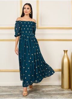 Buy Embroidered Smocked Detail Off Shoulder Maxi Dress in Saudi Arabia