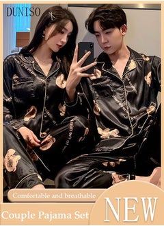 Buy 2 Picecs Couples Matching Pajamas Sets Silk Satin Sleepwear Set Home Loungewear Long Sleeve Shirt with Button and Pants for Couple in UAE