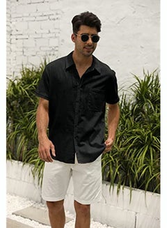 Buy Men's Short Sleeve V-Neck Henley Shirts Loose Linen Button-Up Tops Casual Beach Shirts in UAE