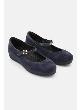 Buy Women Suede Adjustable Buckle Closure Flat Shoes, Navy Blue in Saudi Arabia