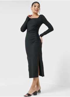 Buy Assymetric Neck Bodycon Side Slit Dress in UAE