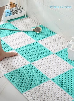 اشتري 12 Pcs Upgraded Interlocking Rubber Floor Tiles with Suction Cup Drain Holes,Bathroom Shower Toilet Non-Slip Floor Tiles Mat Massage Soft Cushion Floor Tiles for Indoor/Outdoor(White+Green) في السعودية