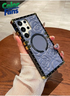 Buy Luxury Floral Embossed Strong Magnetic Case for Samsung Galaxy S23 Ultra with Chic Metal Frame Protector - Blue/Floral in UAE