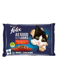 Buy Felix Beef And Chicken Wet Cat Food Pouch 4 Sachets White 85grams in UAE