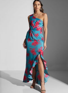 Buy One Shoulder Printed Ruffle Detail Dress in UAE