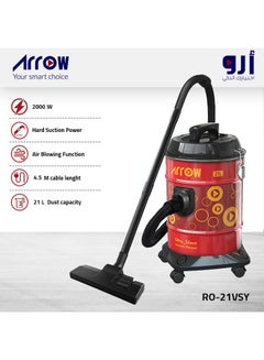 Buy Vacuum Cleaner 21 Liter 2000W | High Efficient Motor Powerful Suction| Hard Suction Power | Red Color |Strong Metal Body| Dual Purpose Floor Brush | RO-21VSY in Saudi Arabia