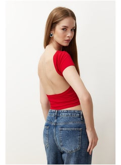 Buy Red Backless Crop Cotton Stretchy Knitted Blouse TWOSS23BZ00912 in Egypt