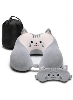 Buy Travel Pillow for Kids and Adults, Cute Animal Memory Foam Neck Pillow with Soft Fleece Cover and Eye Mask Set, Airplane Pillow Travel Kit with Drawstring Organizer Bag, Machine Washable (Kitten) in Saudi Arabia