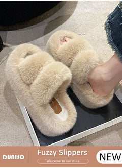 Buy Women's Fluffy Slippers, Fashion Warm Shoes Woman Slippers with Faux Fur, Comfortable Home Furry Slippers, Lightweight Non Slip House Slippers For Cozy Indoor Outdoor in UAE