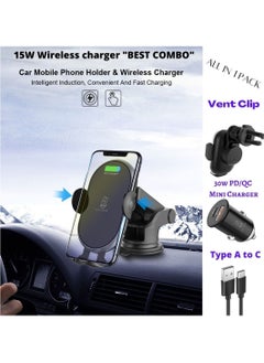 Buy 5 in 1Latest 15W Auto Wireless Car Charger Phone Holder Fast Qi Automatic Clamping Charging Mount Dock, charging cable, 30W mini charger Compatible with iPhone, Samsung, and all Android devices. in UAE