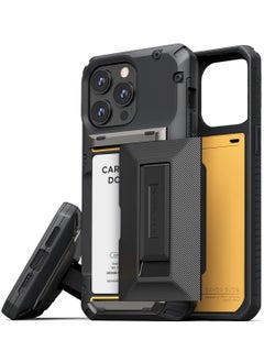 Buy Damda Glide Hybrid iPhone 15 PRO Case Cover Wallet with Semi Automatic Credit Card Holder Slot [3-4 Cards] & Kickstand - Black Groove in UAE