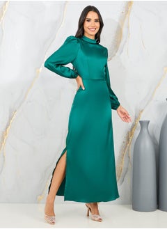 Buy Satin High Neck A-Line Maxi Dress with Side Slit in Saudi Arabia