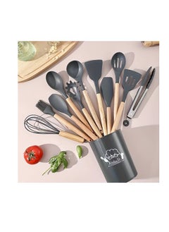 Buy 12 pcs Silicone Cooking Nonstick Utensils, Wooden Utensils Tool for Cookware, Non Toxic Turner Tongs Spatula Spoon Set with holder, Cooking Utensils Set with Bamboo Wood Handles Colours Gray in UAE