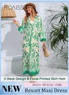 Buy Women Printed Maxi Dress Flared Collar Mid Length Sleeves Traditional Female Attire Loose Fit Fashionable and Versatile Flattering for All Body Types in Saudi Arabia