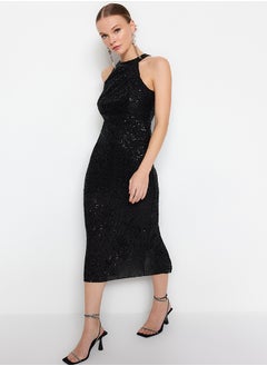 Buy Black Body-Fitting Lined Shiny Sequin Knitted Sequin Elegant Evening Dress TPRAW24EL00233 in Egypt