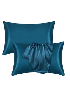 Buy Satin Silk Pillow Case Cover for Hair and Skin, Soft Breathable Smooth Both Sided Silk Pillow Cover Pair (Queen - 50 x 75cm - 2pcs - Peacock Blue) in UAE