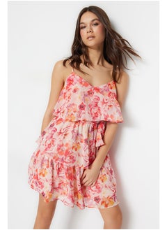 Buy Pink Flounced Floral Skater/Belt Opening Mini Lined Woven Dress TWOSS23EL01445 in Egypt