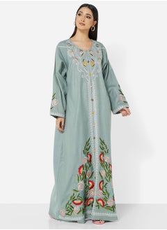 Buy HIGH QUALITY SLUB RAYON JALBIYA WITH MULTICOLOR THICK MOROCAN THREAD EMBROIDERY in Saudi Arabia