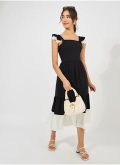 Buy Contrast Hem Ruffled Sleeves Midi Dress in Saudi Arabia