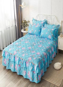 Buy 1/3pcs 15 Inch Drop 3D Digital Floral Pattern Printed Ruffled Bed Skirt Sheets with Pillow Shames Set Soft & Comfortable Bedspread Coverlet Bed Skirts in Saudi Arabia