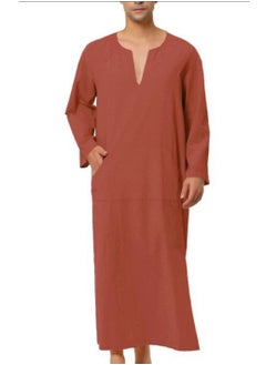 اشتري Men's Muslim Solid Color Loose Robe Thobe Long Sleeve Side Split Kaftan Brick-Red في الامارات