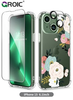 Buy Designed for iPhone 15 Case, Clear with Floral Pattern Design, Shockproof Protective Cover with Screen Protector + Camera Lens Protector,Phone Shell for iPhone 15 6.1 Inch in UAE