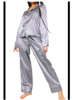 Buy Women Pure Silk Satin 2 Piece Nightgown Silk Pajama Set With Bottons Long Sleeve and breathable softwares. in UAE