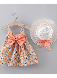 Buy Sweet & Cute Baby Girl's Flower Print Puffy Cami Dress,  Bow & Hat Toddler's Beach Holiday  Dress Up,2 PCS in UAE