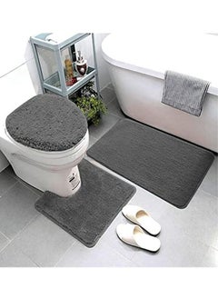 Buy 3 Piece Super Soft and Fluffy Microfiber Absorbent Solid Bathroom Rug Set with Rubber Backing Includes Non-Slip Bath Rug, Contour Mat, and Toilet Lid Cover (Grey) in Saudi Arabia