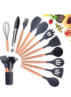 اشتري 11-Piece Wooden Handle Non Stick Cookware Spoon Set Black في السعودية