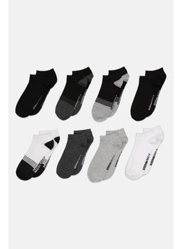 Buy Men 8 Pairs Brand Logo Non-Cushioned Crew Socks, Black/Grey/White in UAE