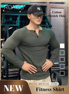Buy Casual Fitness Henley Shirts for Men Long Sleeve Sweatshirt with Top Button Slim Fit Lightweight Elastic Ribbed Tops in Saudi Arabia